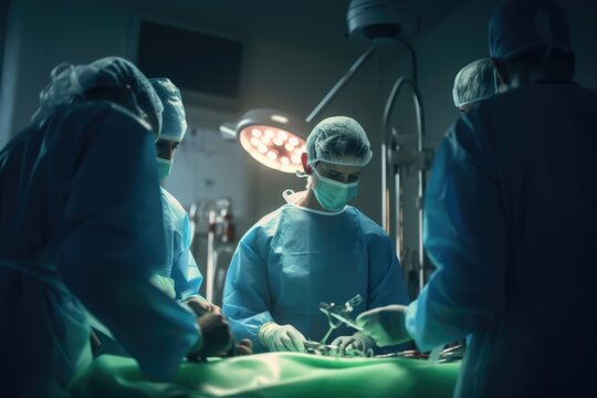 Busy diverse surgeons with face masks at surgery, created using generative ai technology