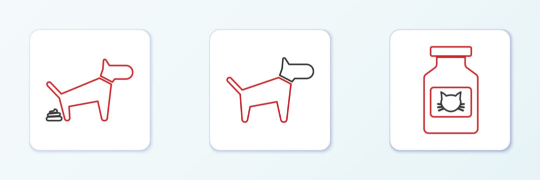 Set line Cat medicine bottle, Dog pooping and icon. Vector