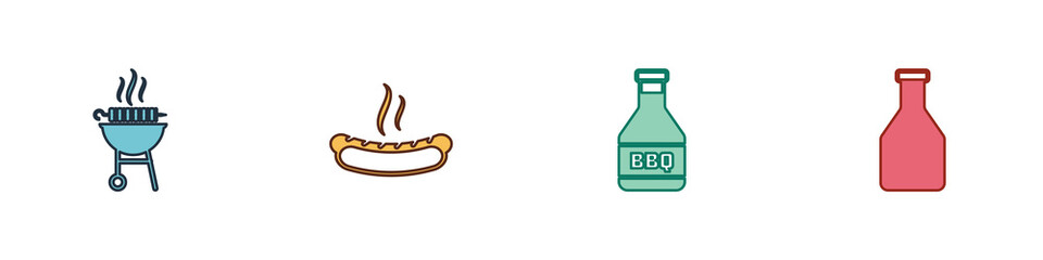 Set Barbecue grilled shish kebab, Hotdog sandwich, Ketchup bottle and icon. Vector