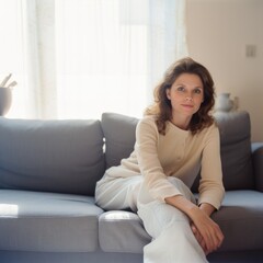 Obraz premium Portrait of caucasian woman with brown hair on sofa, created using generative ai technology