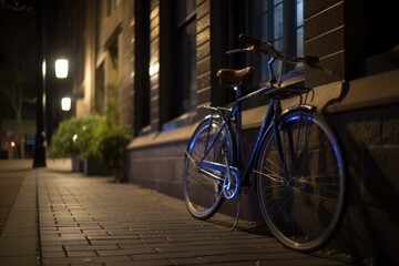 Fototapeta na wymiar Blue bike leaning against building wall in city street, created using generative ai technology