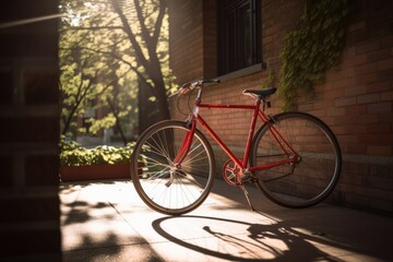 Fototapeta na wymiar Red bike by building brick wall in city street, created using generative ai technology