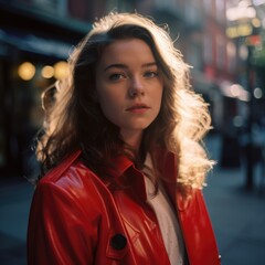Naklejka premium Portrait of beautiful caucasian woman in city street, created using generative ai technology