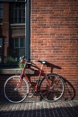 Fototapeta na wymiar Red bike leaning against building brick wall in city street, created using generative ai technology