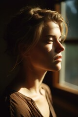 Portrait of beautiful caucasian woman by window in sunshine, created using generative ai technology