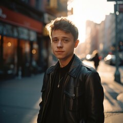 Fototapeta premium Portrait of young caucasian man in jacket in city street, created using generative ai technology