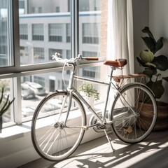 Fototapeta na wymiar White bike by window in room, created using generative ai technology