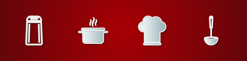 Set Salt and pepper, Cooking pot, Chef hat and Kitchen ladle icon. Vector