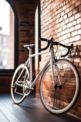 White bike leaning against building brick wall indoors, created using generative ai technology