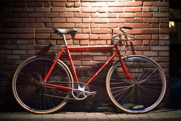 Fototapeta na wymiar Red bike leaning against building brick wall in city street, created using generative ai technology