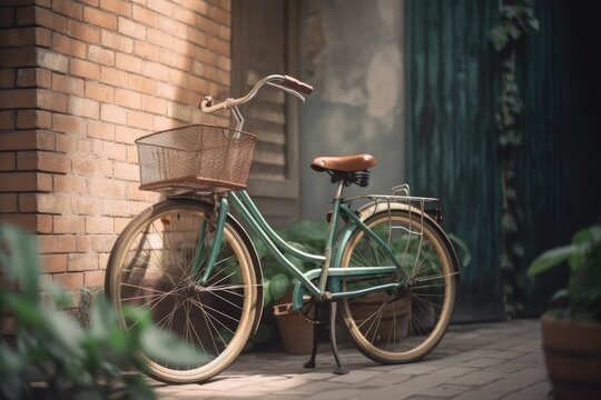 Green bike leaning against building wall in city street, created using generative ai technology