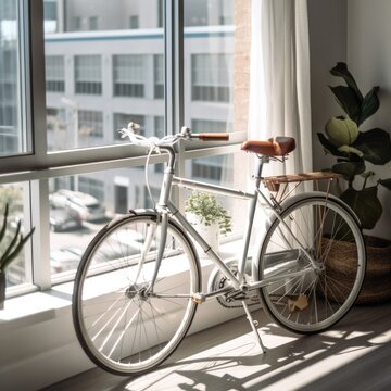 White bike by window in room, created using generative ai technology