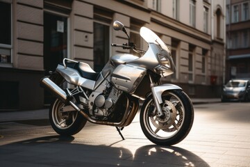 Silver motorbike in city street, created using generative ai technology