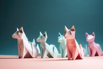 Close up of origami figures of cats on pink blue background, created using generative ai technology