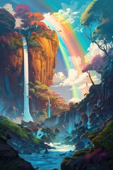 Fantasy landscape with rainbow, waterfalls and mountains created using generative ai technology