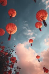 Fototapeta premium Multiple lighted chinese lanterns over tree and sky created using generative ai technology