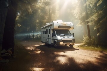 White camper van with sunlight and trees in forest created using generative ai technology