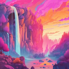 Colorful fantasy landscape with waterfalls and mountains created using generative ai technology