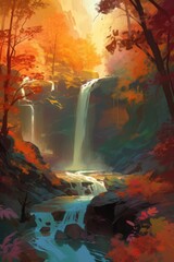 Fantasy landscape with waterfalls in forest created using generative ai technology