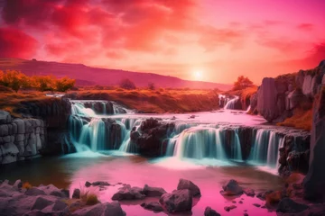 Fotobehang Fantasy landscape with waterfalls, river and mountains created using generative ai technology © Future Vision