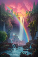 Fantasy landscape with rainbow and waterfalls in forest created using generative ai technology