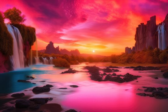 Fantasy landscape with waterfalls, river and mountains created using generative ai technology © Future Vision