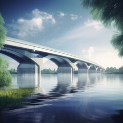 White modern bridge reflecting in river on sunny day, created using generative ai technology