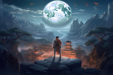 Main hero watching on the moon. Ai generated