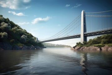 Fototapeta na wymiar Bridge crossing river over trees and blue sky, created using generative ai technology