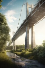 Bridge crossing river over trees and blue sky, created using generative ai technology