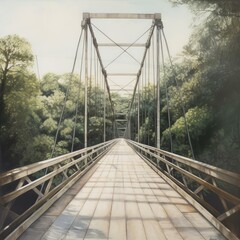Wooden bridge and trees in forest, created using generative ai technology