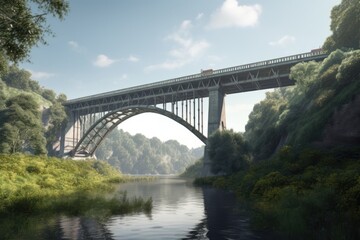 Fototapeta premium Bridge crossing river in forest over blue sky, created using generative ai technology