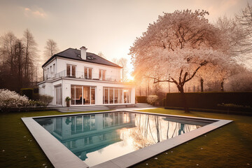A beautiful, bright house with a swimming pool. Ai generated