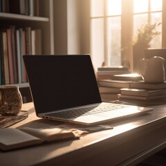 Laptop on table with books in library, created using generative ai technology