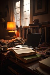Laptop on table with blanket and books in cosy room, created using generative ai technology