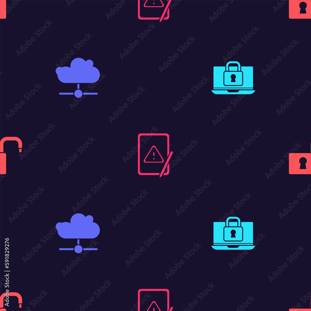 Poster set laptop and lock, network cloud connection, tablet with exclamation mark and open padlock on seam