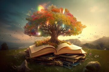 Open books with tree over green landscape, created using generative ai technology