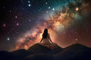 Thoughtful caucasian woman over stars and space, created using generative ai technology