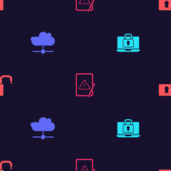 Set Laptop and lock, Network cloud connection, Tablet with exclamation mark and Open padlock on seamless pattern. Vector