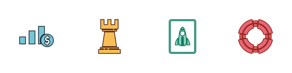Set Pie chart and dollar, Chess, Startup project concept and Business lifebuoy icon. Vector