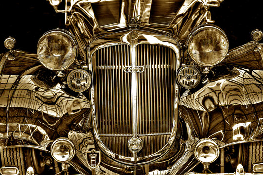 Greyscale shot of the German Rare Vintage Car Front Detail