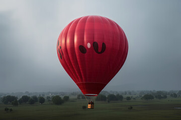 A red big balloon flies in bad weather. Ai generated