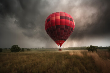 Obraz premium A red big balloon flies in bad weather. Ai generated