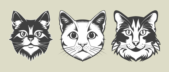 Vector set of cute monochrome cat faces. Feline stickers, icons or badges. Isolated background.