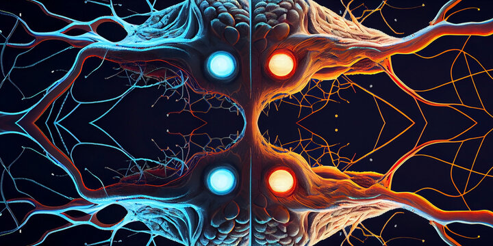 Conceptual image of artificial intelligence in the form of a human brain with many roots and processes and with luminous headlights or eyes. Generative AI