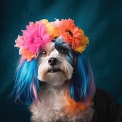Cool dog with colorful wig and flowers on a colored background. Generative AI