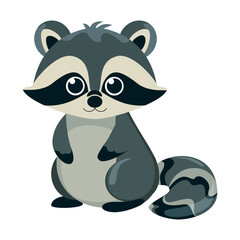 Baby raccoon. Cute, cartoonish wild animal. Mammalian animal. Striped raccoon standing on two paws. Vector drawing. White background