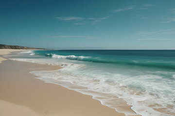 Obraz premium Beach by the Sea. The waves hit the sand. AI generated