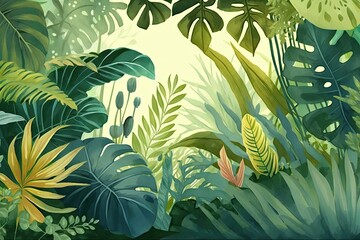 Fototapeta na wymiar lush tropical foliage and flora in a vibrant painting. Generative AI