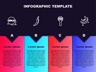 Set line Hola, Hot chili pepper pod, Maracas and Sliced lime. Business infographic template. Vector